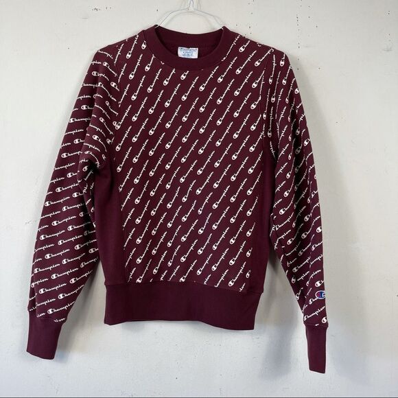 CHAMPION REVERSE WEAVE AOP CREWNECK SWEATSHIRT XS Burgundy Maroon Men’s Unisex - Picture 10 of 11